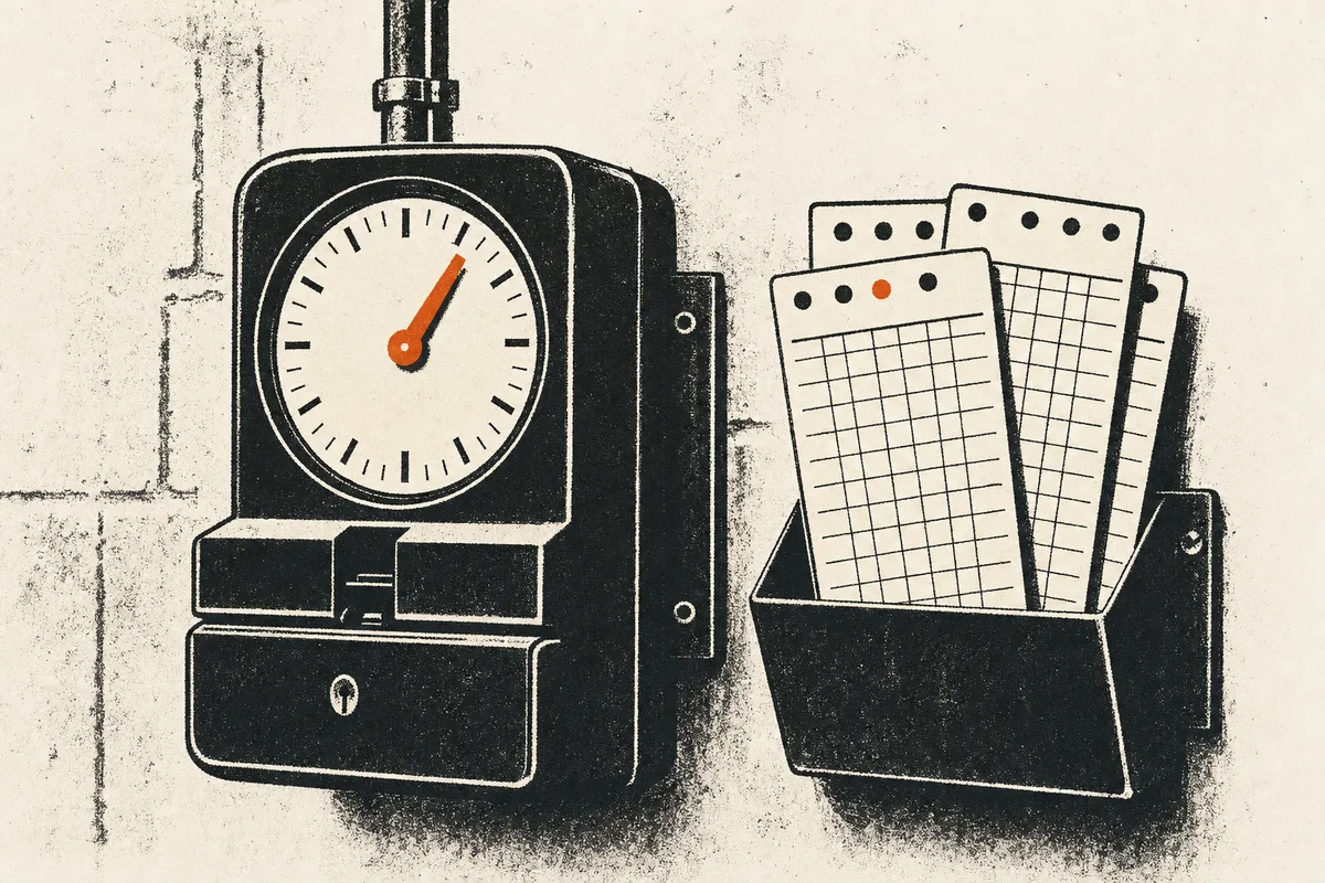 A punch time clock on a wall beside a rack of paper time cards
